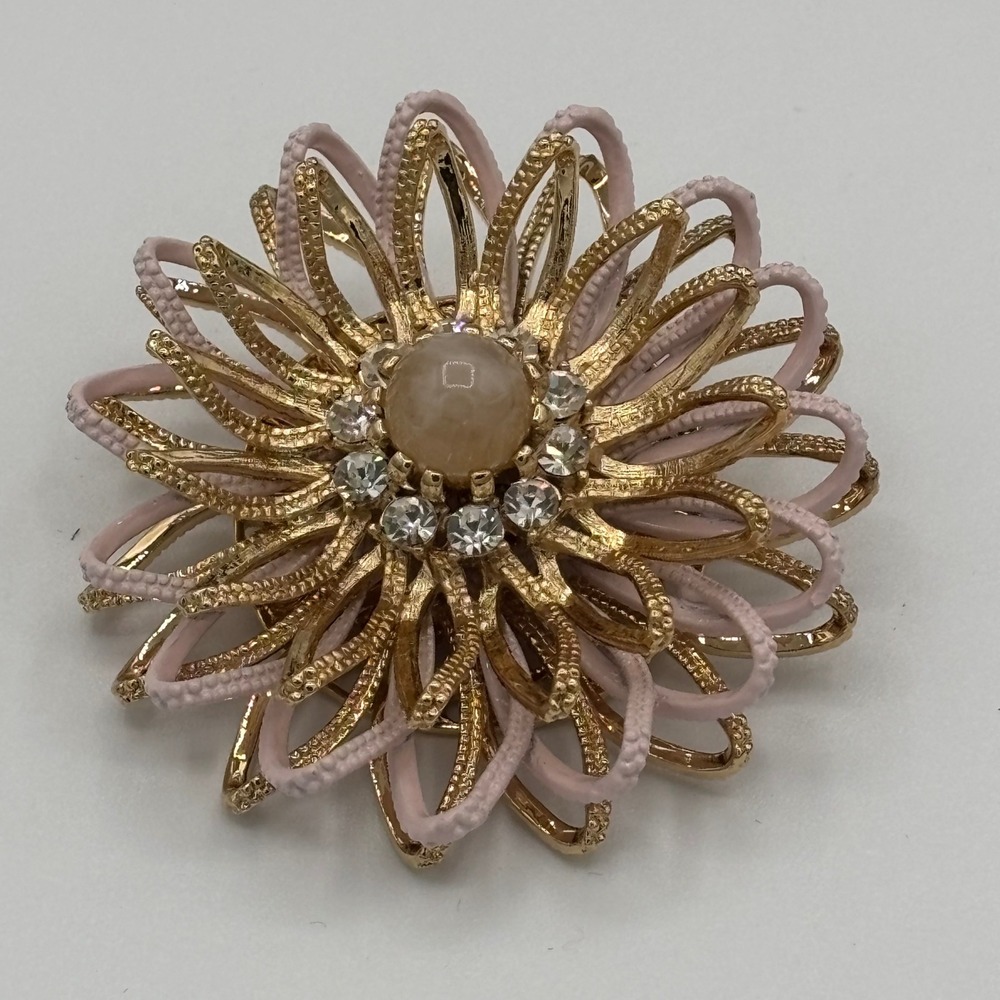 Flower Brooch Women Pink Gold Layered Enamel Rhinestone Sunburst